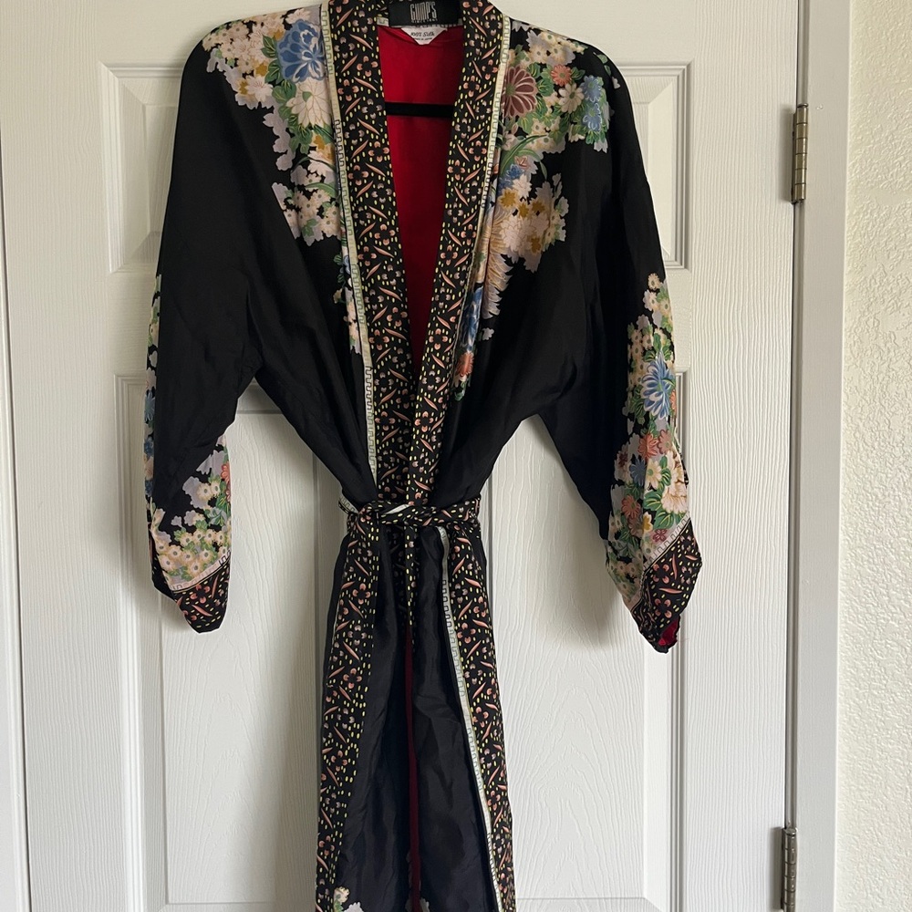 Silk Vintage Floral Black Kimono Robe